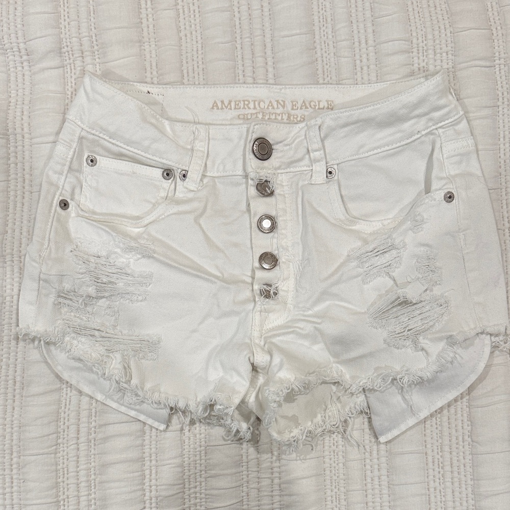 American Eagle Outfitters Cream Distressed Jean Shorts